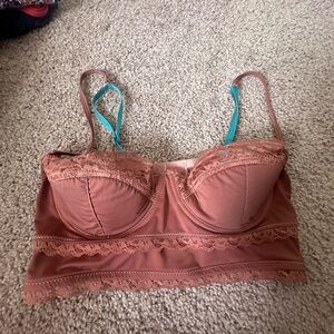 Vintage Lace Trimmed Balconette Bra in Dusty Pink and Teal